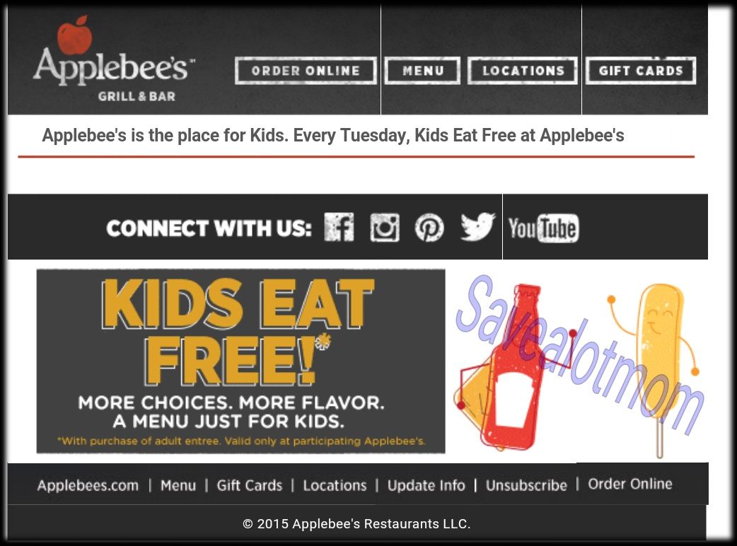 Applebees Kids Eat Free Every Tuesday