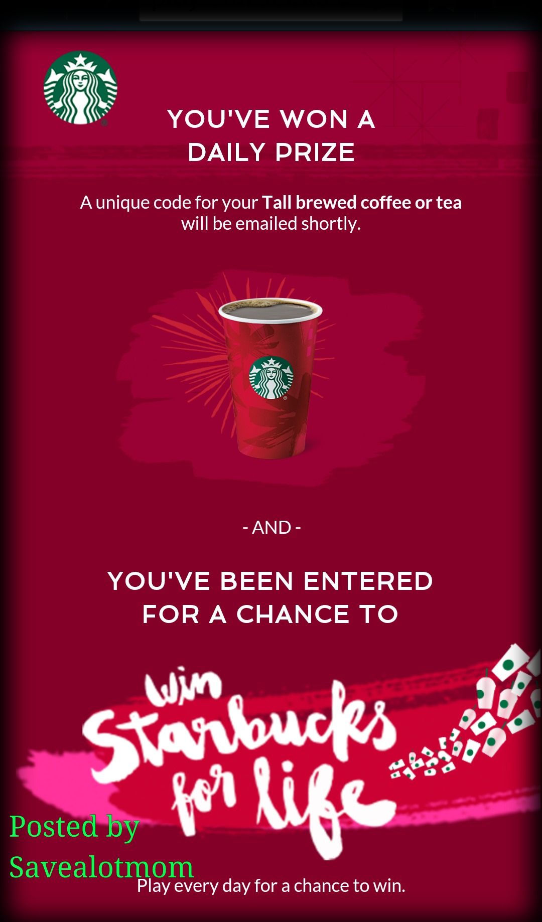 Want to Win Starbucks for LIFE?! Enter to Play! Save A Lot Mom