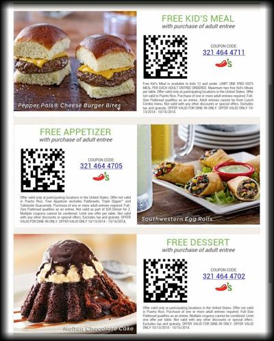 Chilis Coupons! FREE Appetizer, FREE Dessert OR FREE Kids' Meal! | Save ...