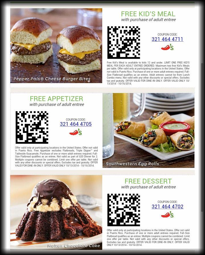 Chilis Coupons! FREE Appetizer, FREE Dessert OR FREE Kids' Meal! | Save ...