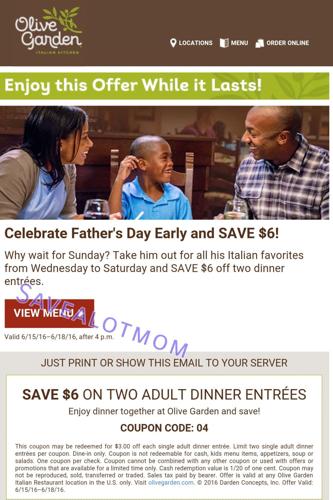 Olive Garden $6 off Coupon Two Adult Dinner Entrees for ...