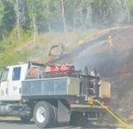 BREAKING NEWS UPDATE: Six grass fires along I-5 extinguished, no formal evacuation | news 3 grassfire I-5 8.14.22 truck fire road image from video.png