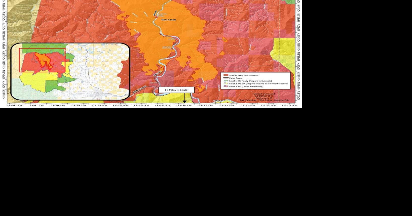 wildfire Rum Creek Fire burn scar map and adjacent evacuation order map