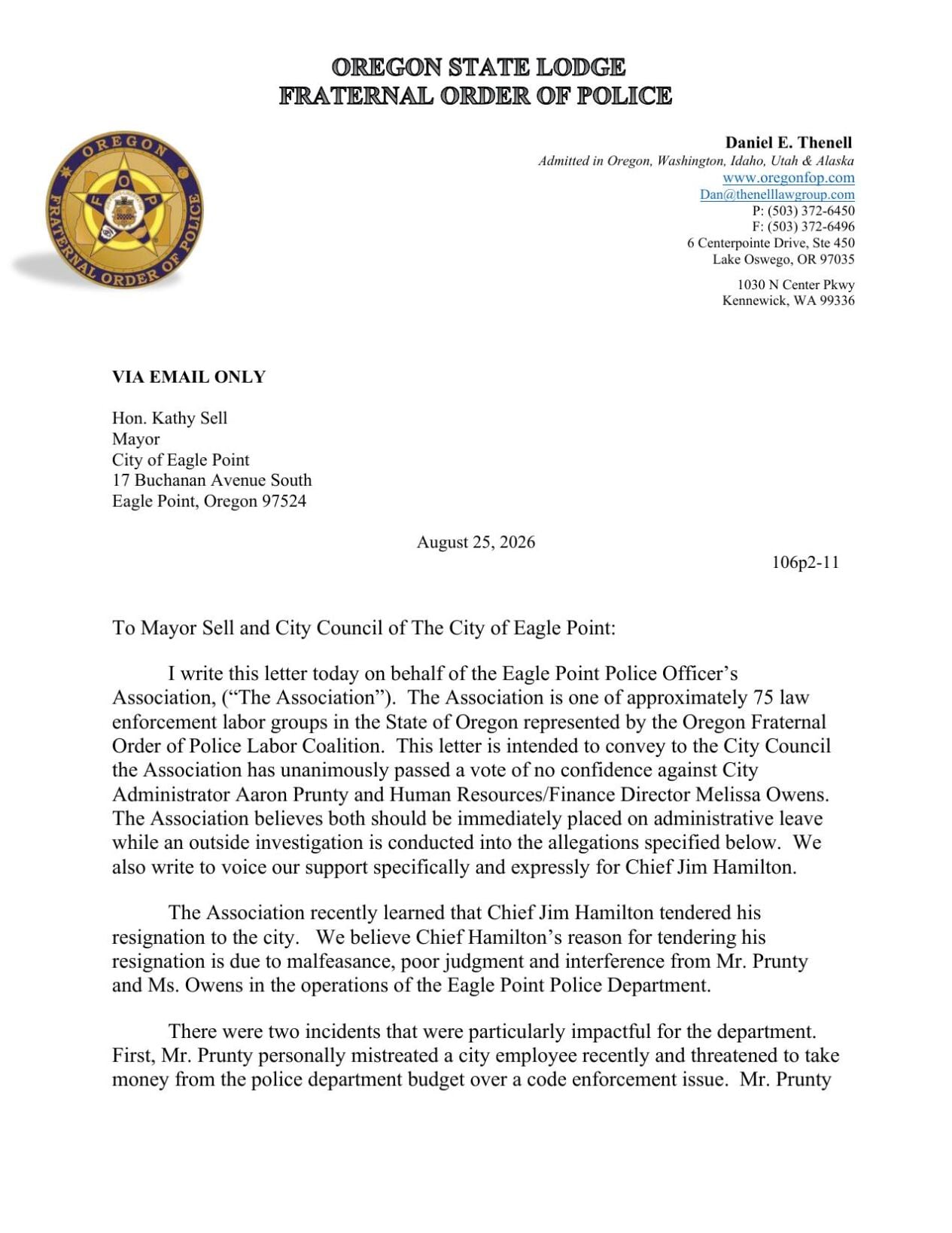 OFOP "no confidence vote" letter to Eagle Point, 8.25.2026