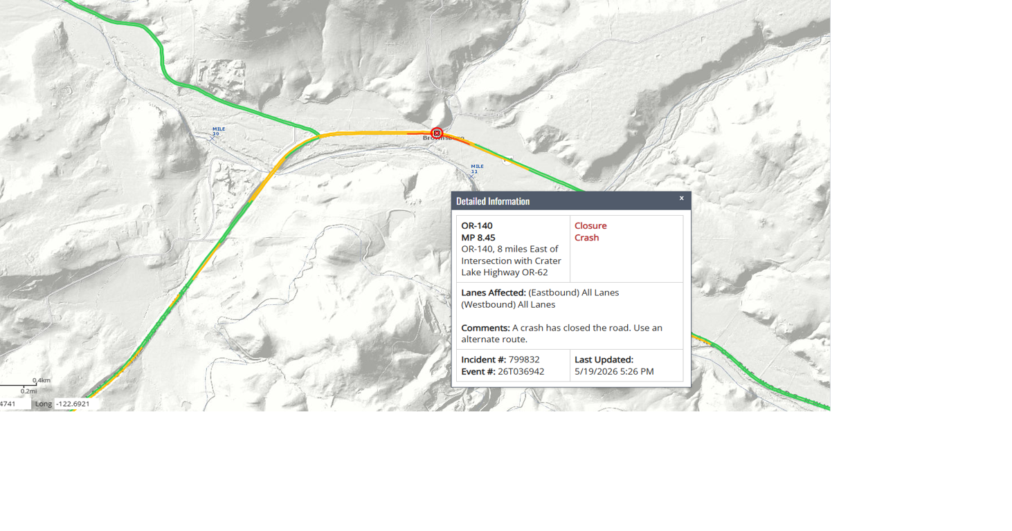 Eastbound and Westbound lanes of OR-140 are closed near Brownsboro