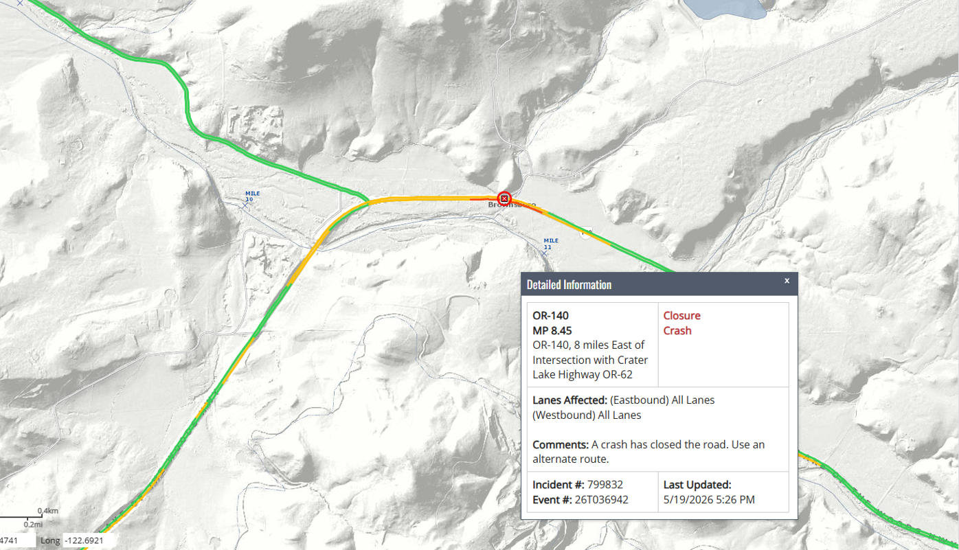 Eastbound and Westbound lanes of OR-140 are closed near Brownsboro