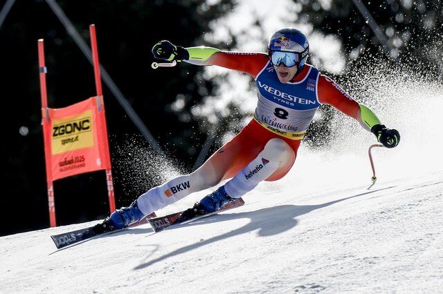 Swiss skier Marco Odermatt in gold medal position in the men's super-G at worlds