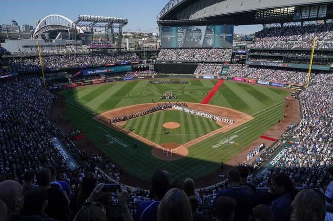 American League's Jonah Heim, of the Texas Rangers, waits for a pitch  during the MLB All-Star baseball game against the National League in  Seattle, Tuesday, July 11, 2023. (AP Photo/Lindsey Wasson Stock