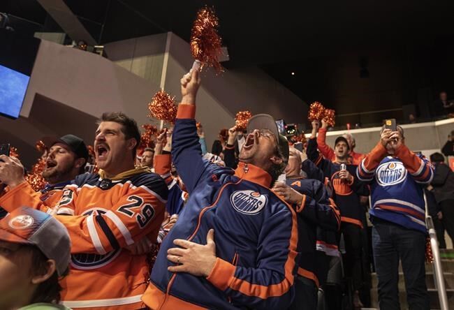 Oilers fans takes a beating in the stand at the Rogers Arena