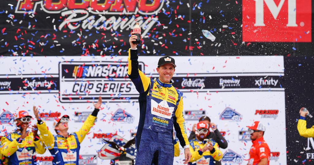 Denny Hamlin wins the NASCAR Cup race at Pocono for his third straight victory