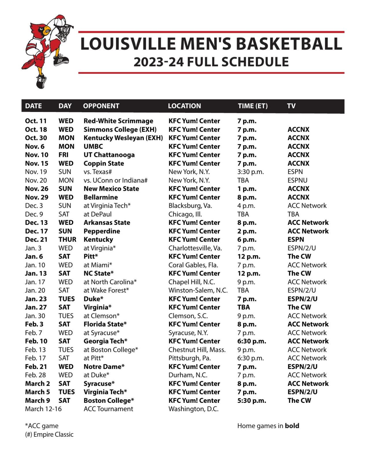 Louisville men's basketball non-conference schedule released