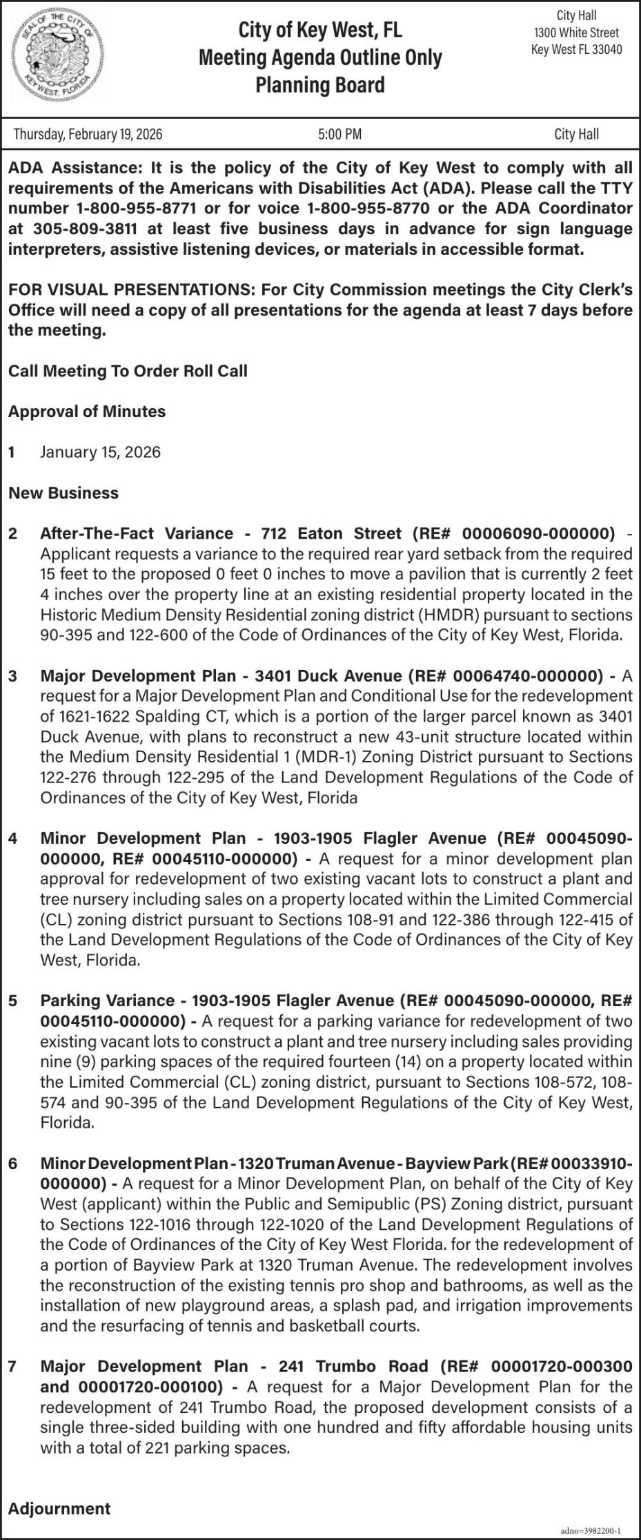 City of Key West, FL - Meeting Agenda Outline Only Planning Board