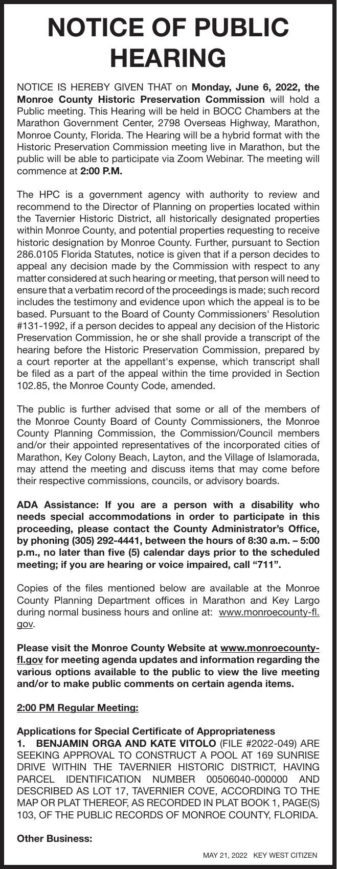 NOTICE OF PUBLIC HEARING NOTICE - Monroe County Historic Preservation  Commission | Public Hearing | keysnews.com