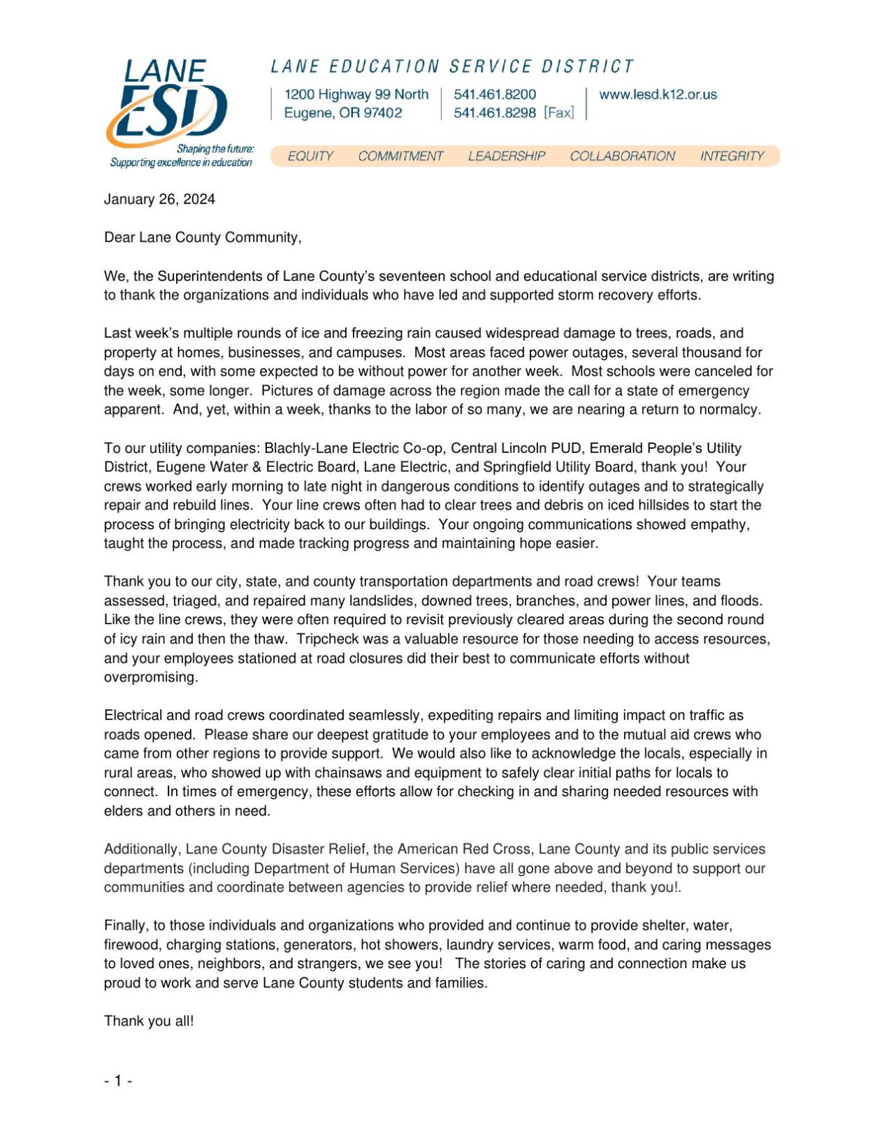 Lane County school and educational service districts express thanks for ...
