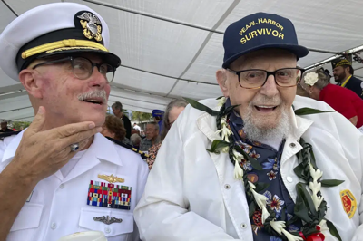 Pearl Harbor survivor and son at memorial event