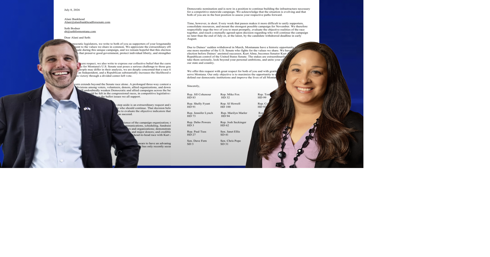 Montana State Lawmakers call on Bankhead or Bodnar to drop out of Senate race to prevent split ticketing