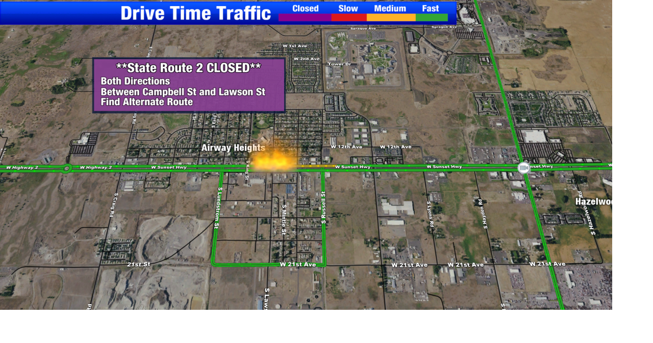 Road closure map near Airway Heights due to fire