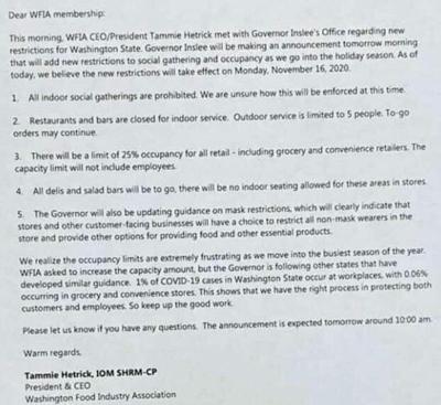Washington Food Industry Association Email Appears To Expose Upcoming Covid 19 Restrictions In Washington News Khq Com