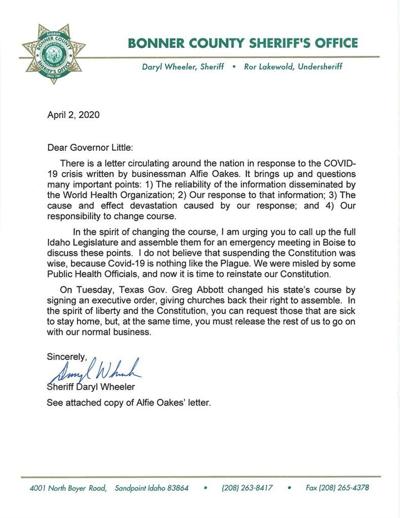 Letter from Bonner County Sheriff to Gov. Brad Little