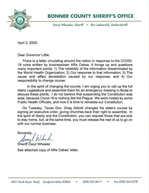 Letter From Bonner County Sheriff To Gov Brad Little Khq Com