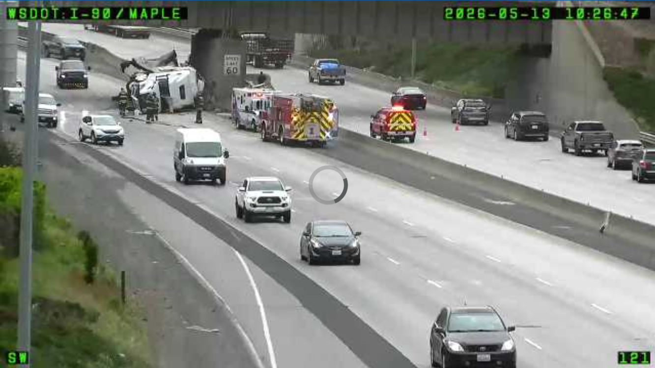 Semi truck on its side after crash on I-90 eastbound near Latah Creek ...