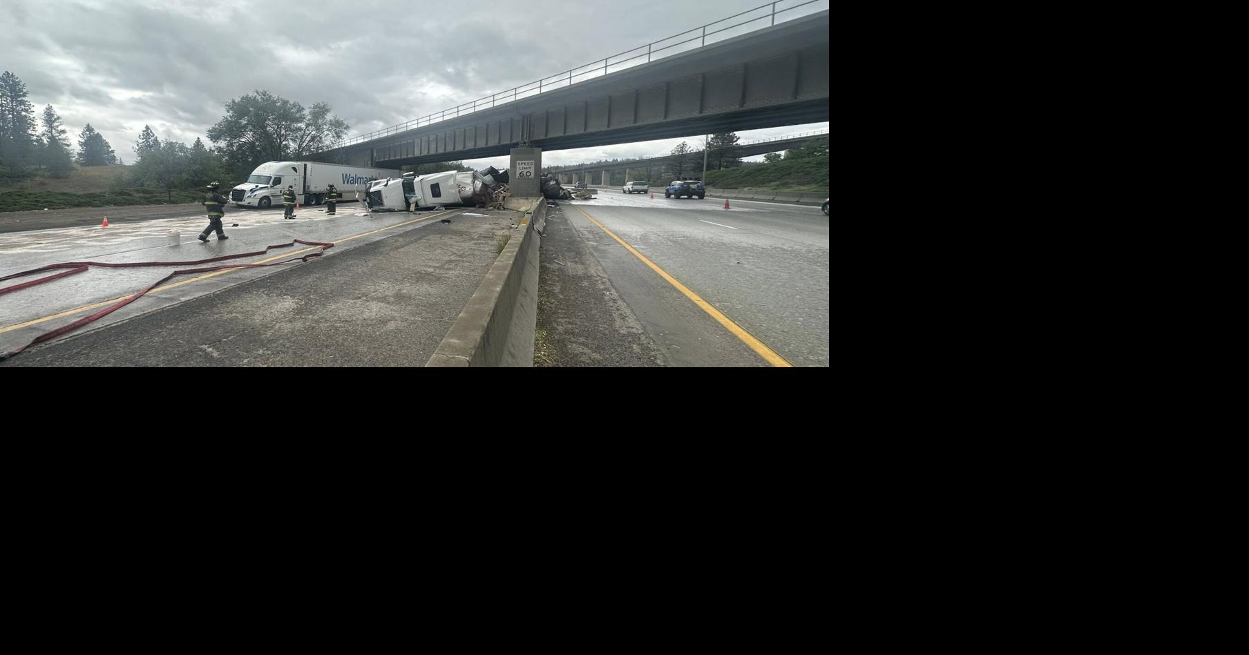 Firefighters respond to semi truck crash on I-90 eastbound near Latah ...