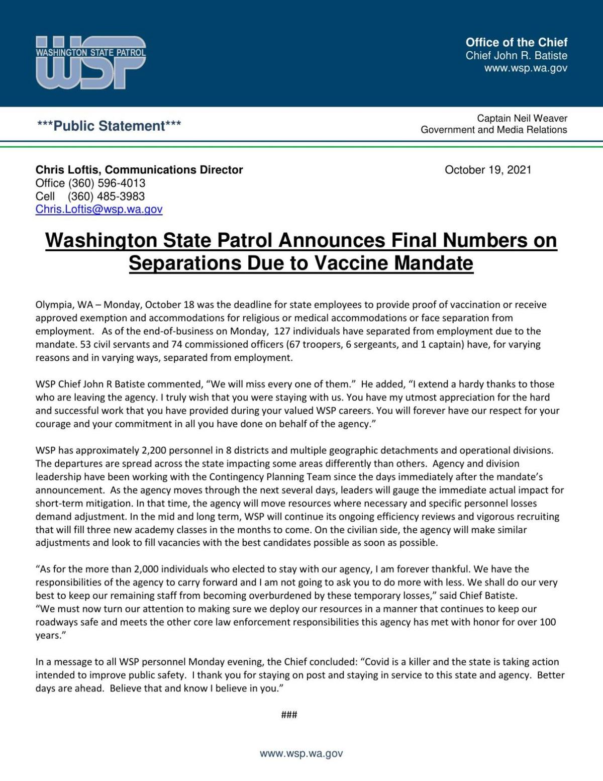 Washington State Patrol Announces Final Numbers on  Separations Due to Vaccine Mandate