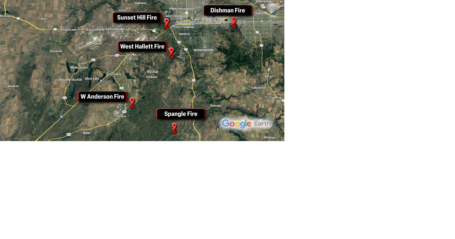 Multiple fires sparked around Spokane yesterday afternoon Washington