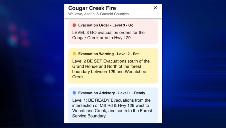 Level 3 (go now) evacuation orders for Cougar Creek Fire in Asotin ...