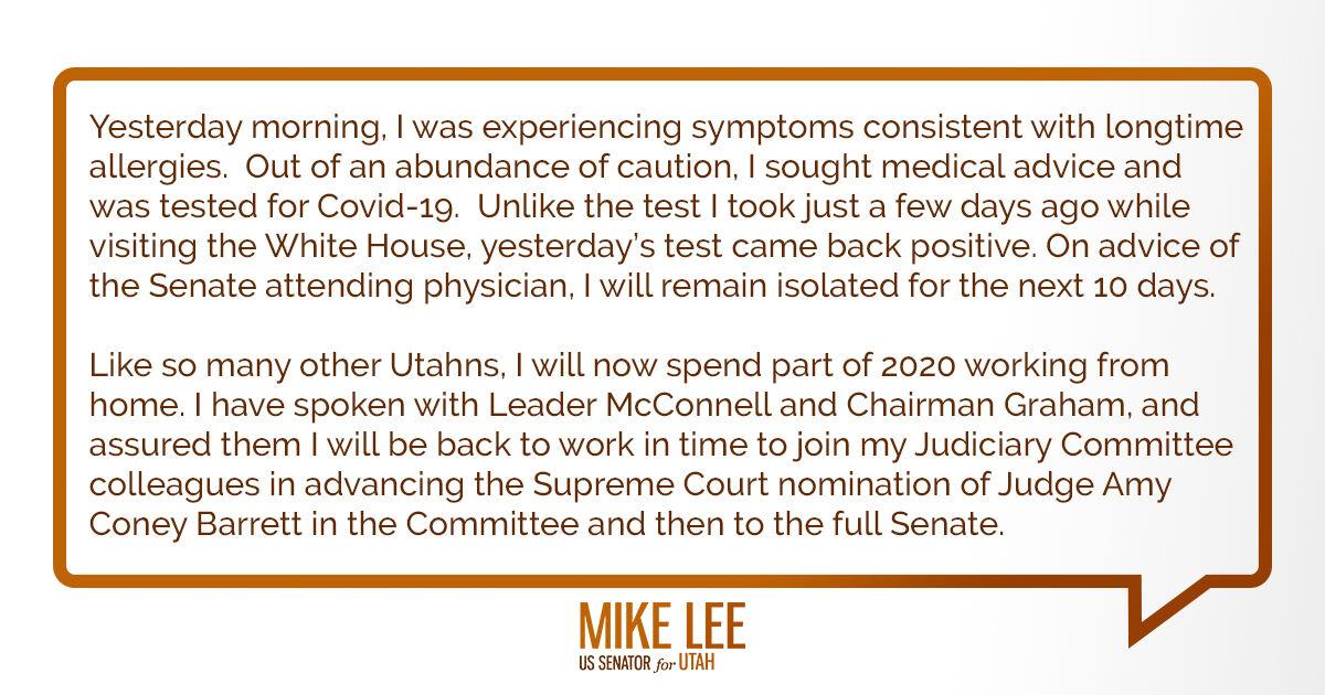 Utah Senator Mike Lee Tests Positive For Covid 19 Saying He Will Be Back In Time To Advance Supreme Court Nomination News Khq Com