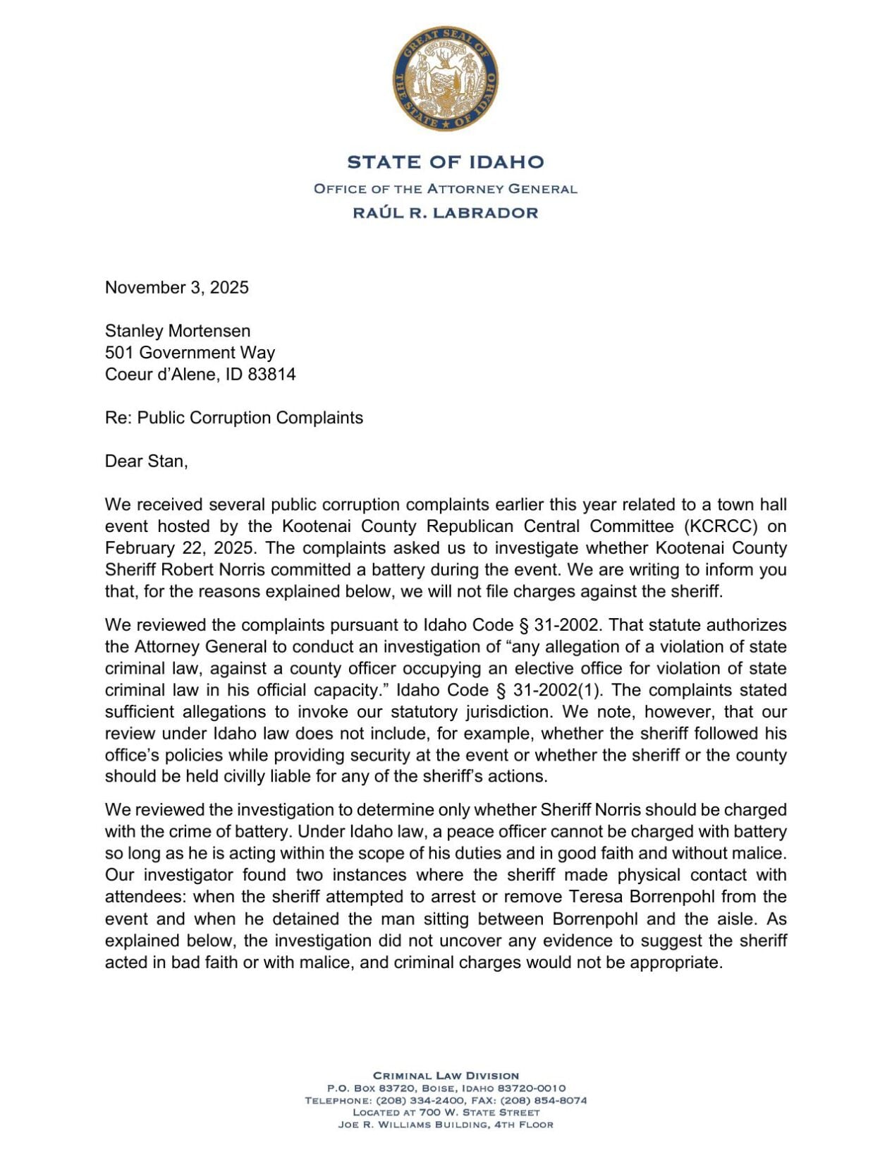 Idaho Attorney General declines to charge Kootenai County Sheriff Bob ...