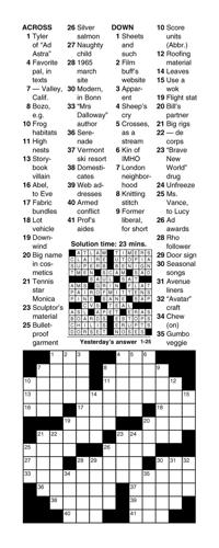 Crossword for Wednesday, January 25, 2023