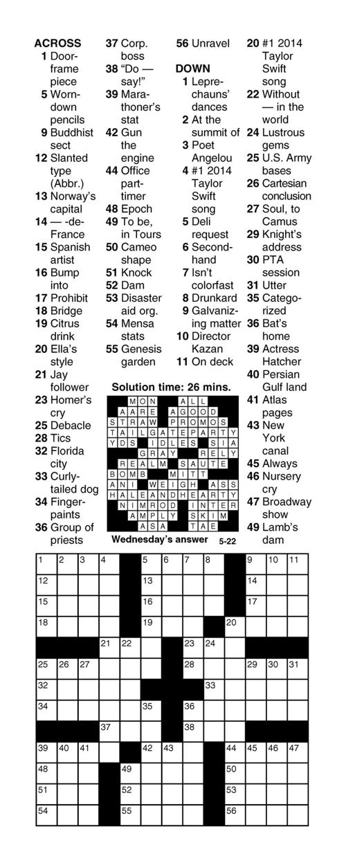Crossword for Saturday, May 22, 2021