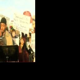 Anti-ICE demonstrators gather outside Mayo High School
