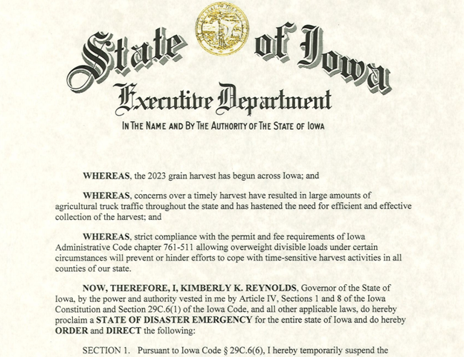 Iowa Governor signs 2023 Harvest Proclamation, easing weight limits on