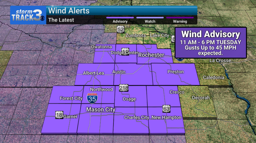 Wind Advisory issued as 45 MPH gusts expected Tuesday | News | kimt.com