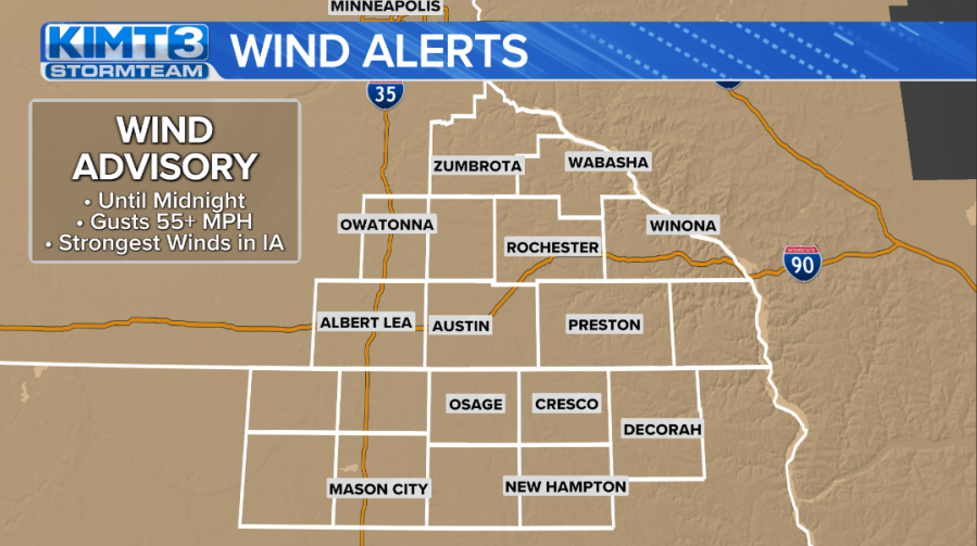 Wind Advisory in effect as gusts reach over 50 mph | News | kimt.com