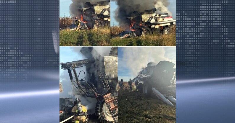 Farm combine engulfed in flames near Rochester Monday