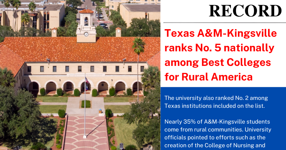 Texas A&M-Kingsville ranks No. 5 nationally among Best Colleges for Rural America