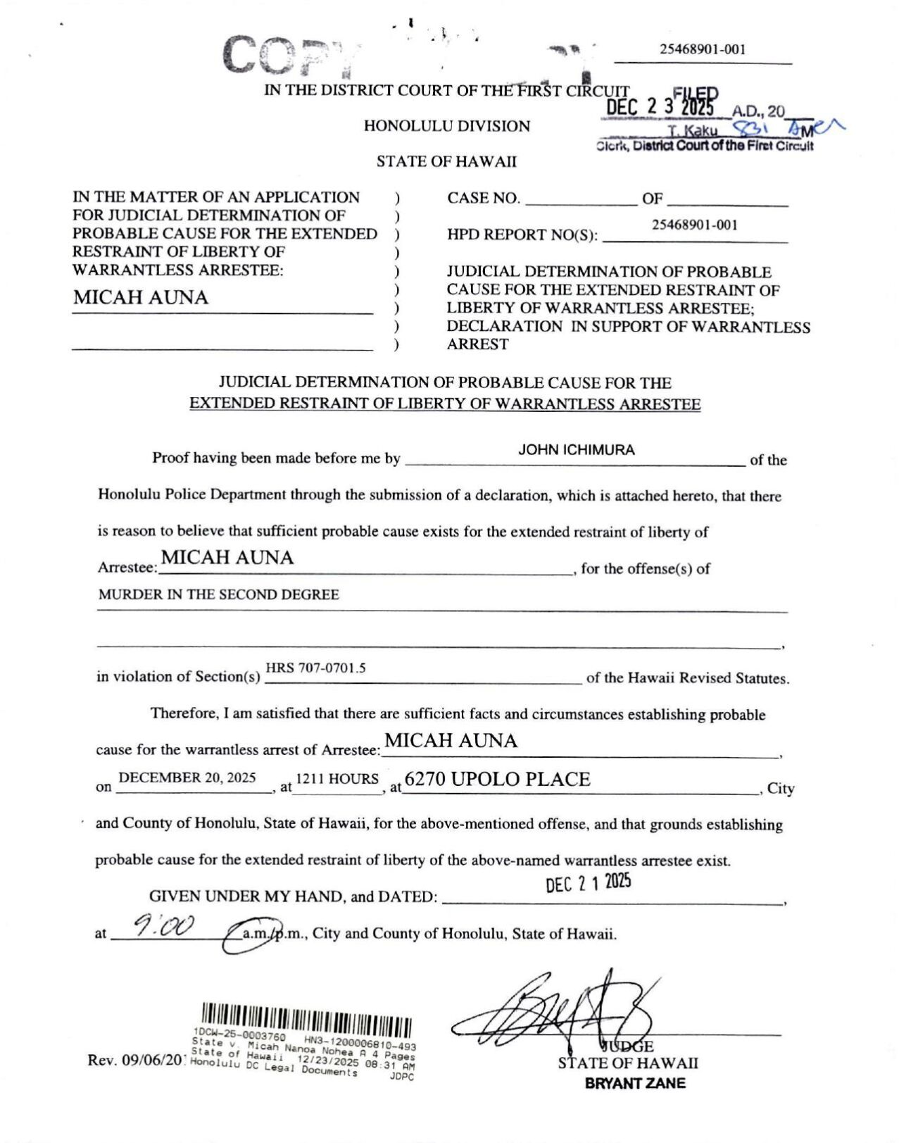 Micah Auna, Hawaii Kai murder court documents - December 23, 2025 ...