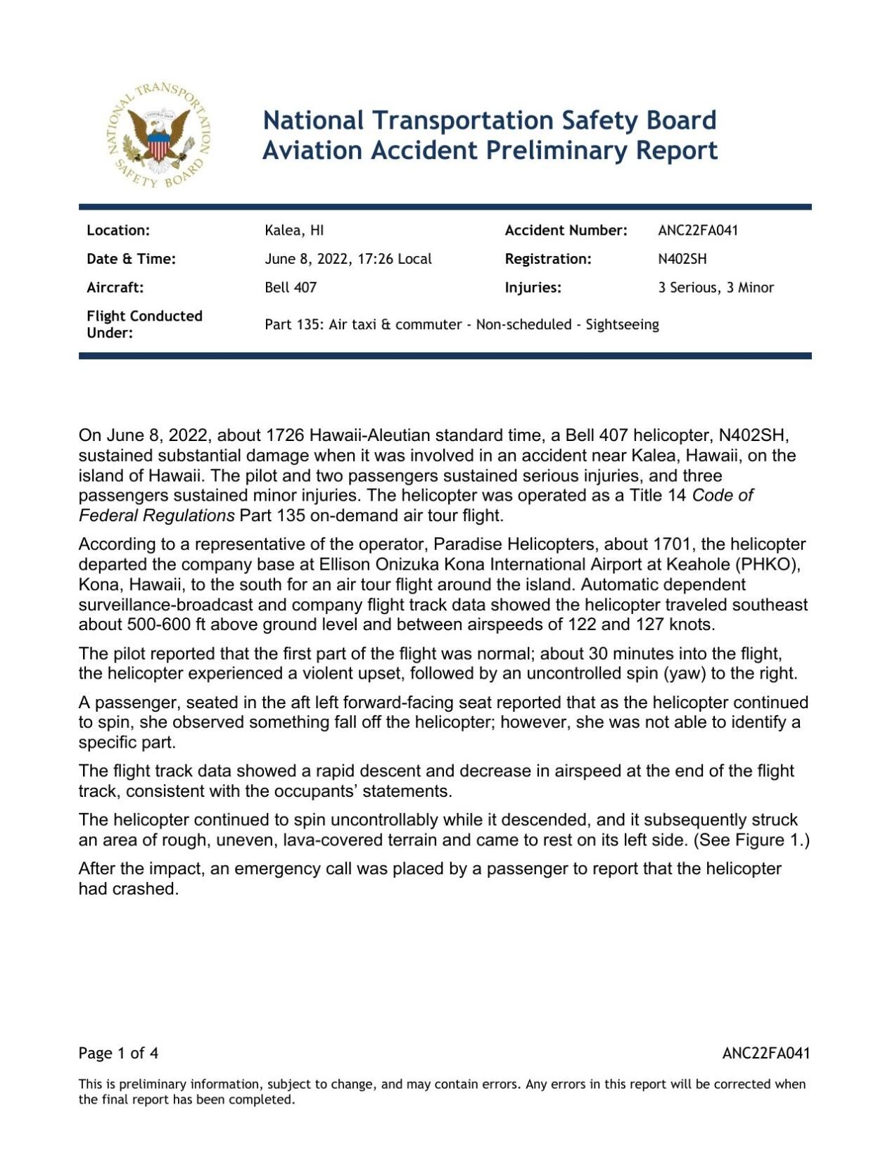 Paradise Helicopters crash report