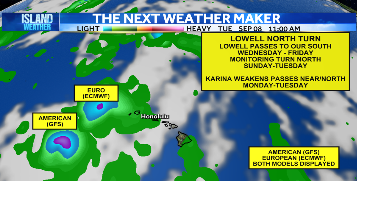 Tuesday Evening Forecast - Category 4 Hurricane Lowell is expected to pass south, possibly turn north later this weekend