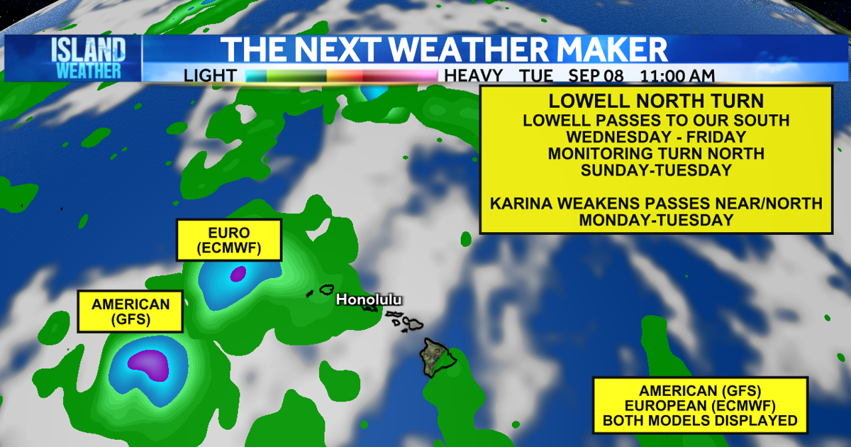 Tuesday Evening Forecast - Category 4 Hurricane Lowell is expected to pass south, possibly turn north later this weekend