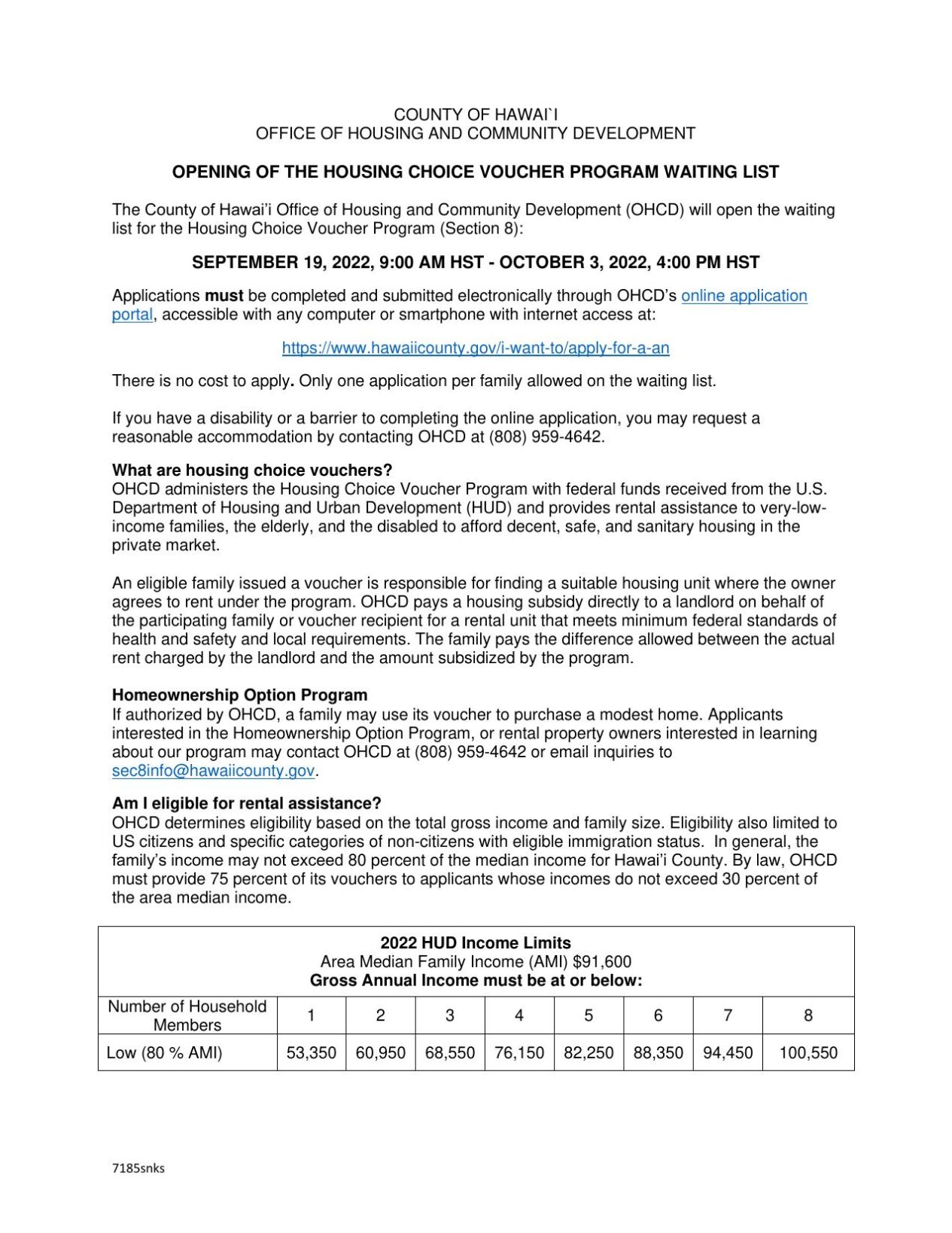 Hawaii County Housing Choice Voucher Program Waiting List Links