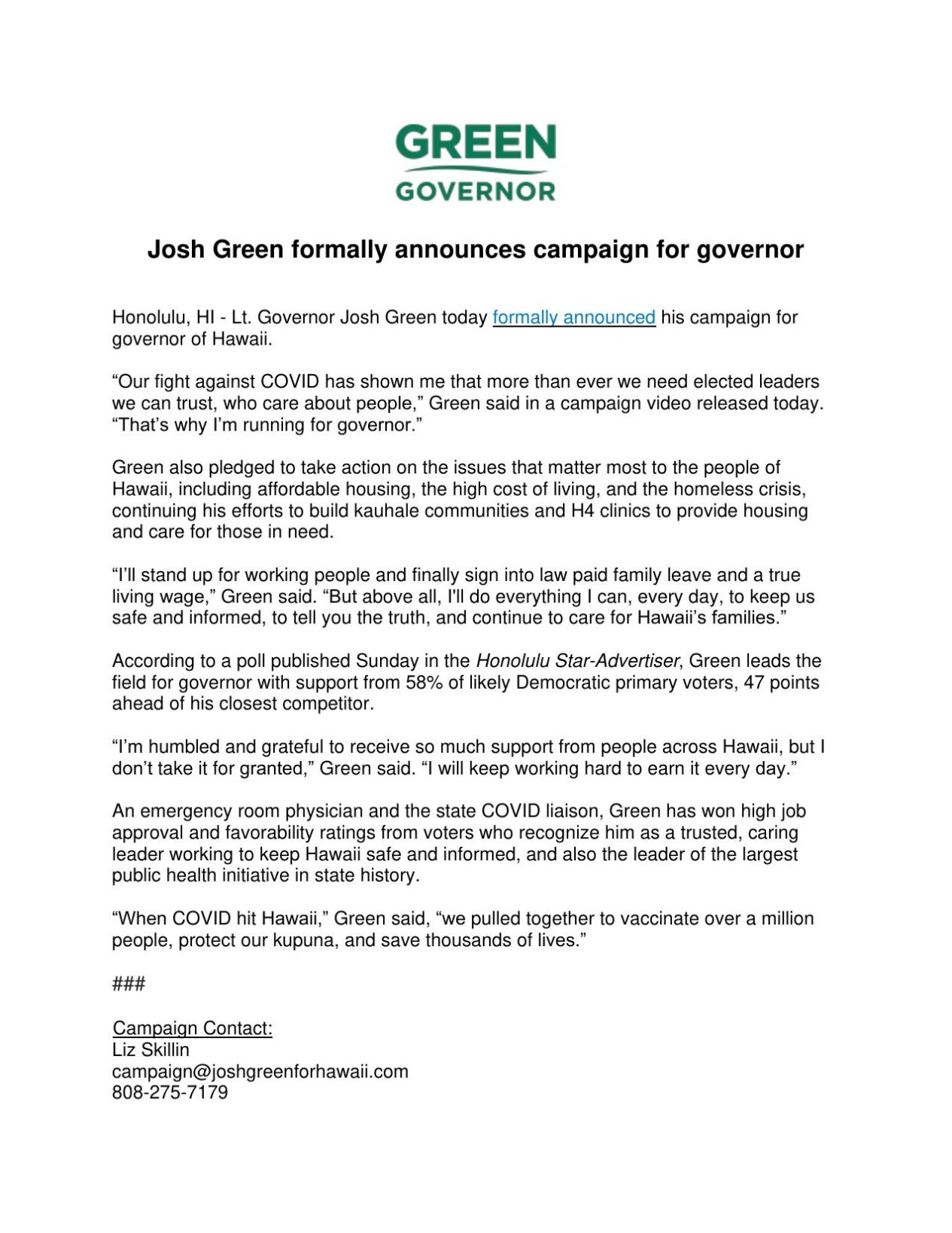 Josh Green announces run for governor