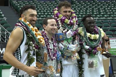 Rainbow Warrior basketball seniors Jerome Desrosiers, Junior Madut and Mate Colina honored with win in final home game
