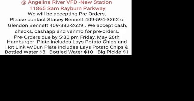 Angelina River VFD Memorial Day Burger & Hot Link Fundraiser will be Sat, May 27th - Vimarsana News