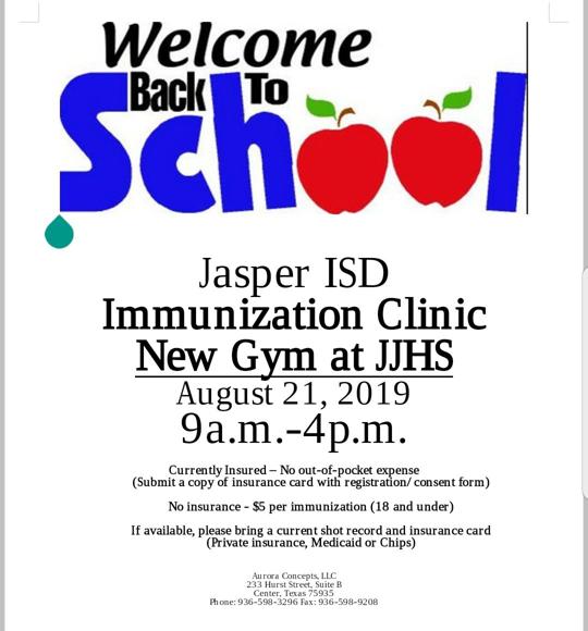Jasper ISD Back to School to hold shot clinic, August 21st Civic