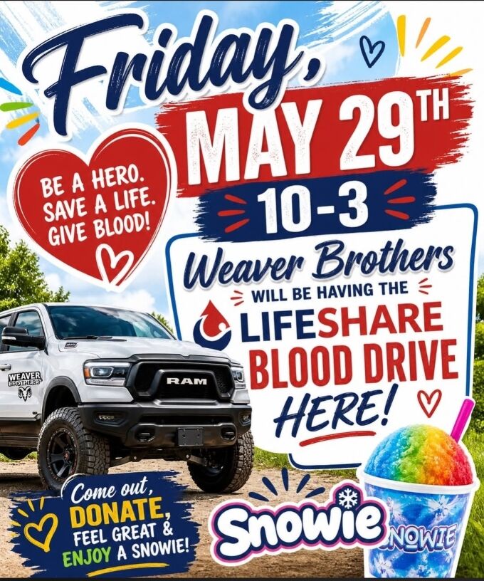 Blood Drive at Weaver Brothers in Jasper on Friday, May 29th