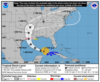 Tue Aug 25th 2020 7 00 A M Update For Cat 1 Hurricane Laura Predicted To Be Cat 3 At Landfall Kjas Com